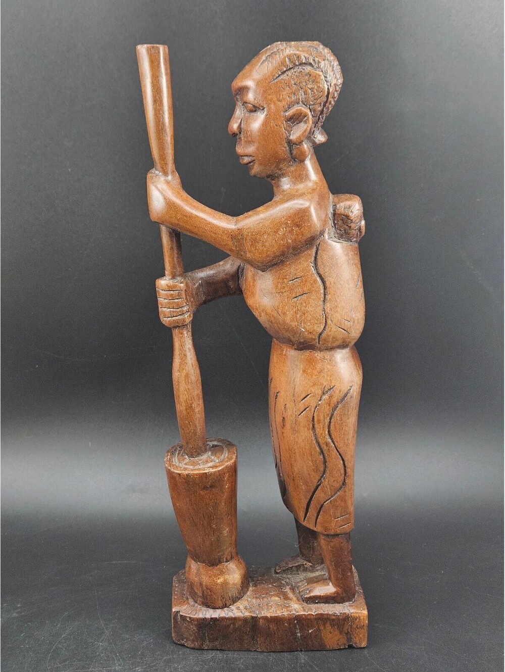 Vtg African Hand Carved Wood Figure Woman Grinding Grain Mortar Pestle Folk Art